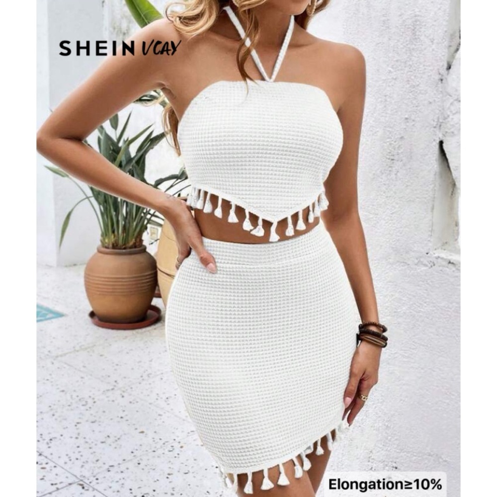 NWT SHEIN Crotchet Boho Knit White Skirt Set Size Large Bohemian Style 2 Piece - Picture 2 of 13